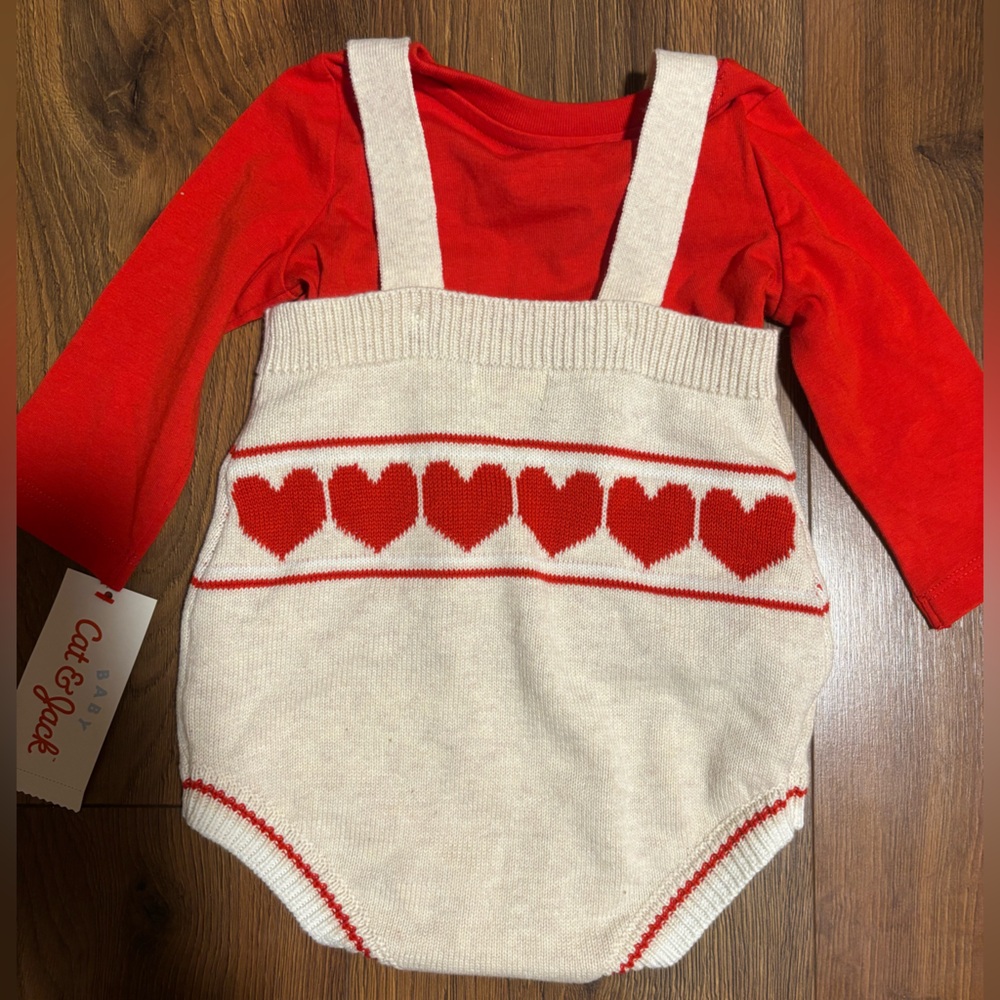 Cat & Jack Baby 2 Piece Long Sleeve Shirt & Knit Heart Romper - Red 3-6M - Picture 6 of 6